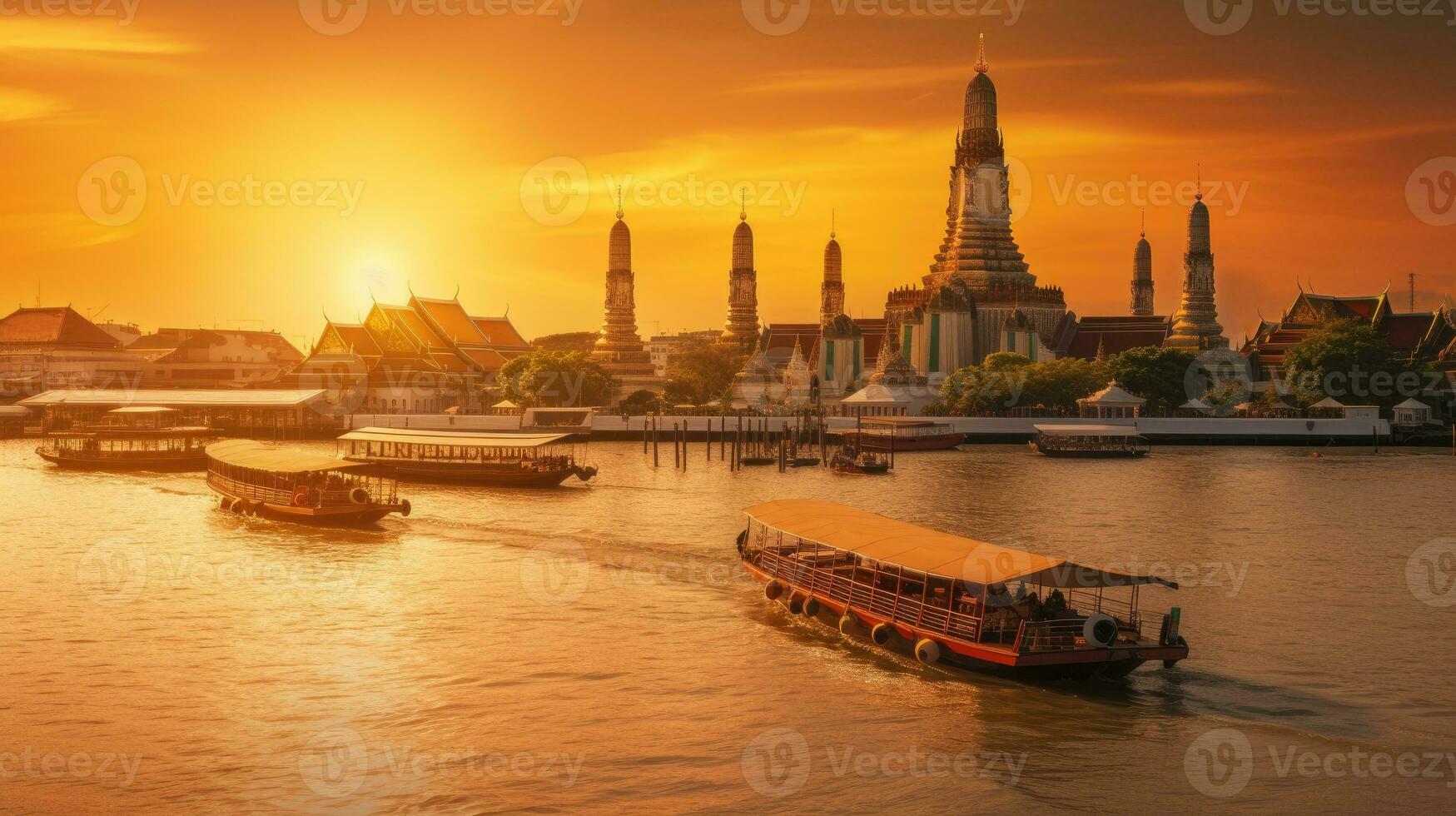 wat arun im Sonnenuntergang beim Bangkok, Thailand. Wahrzeichen, Chao Phraya Fluss. generieren ai foto