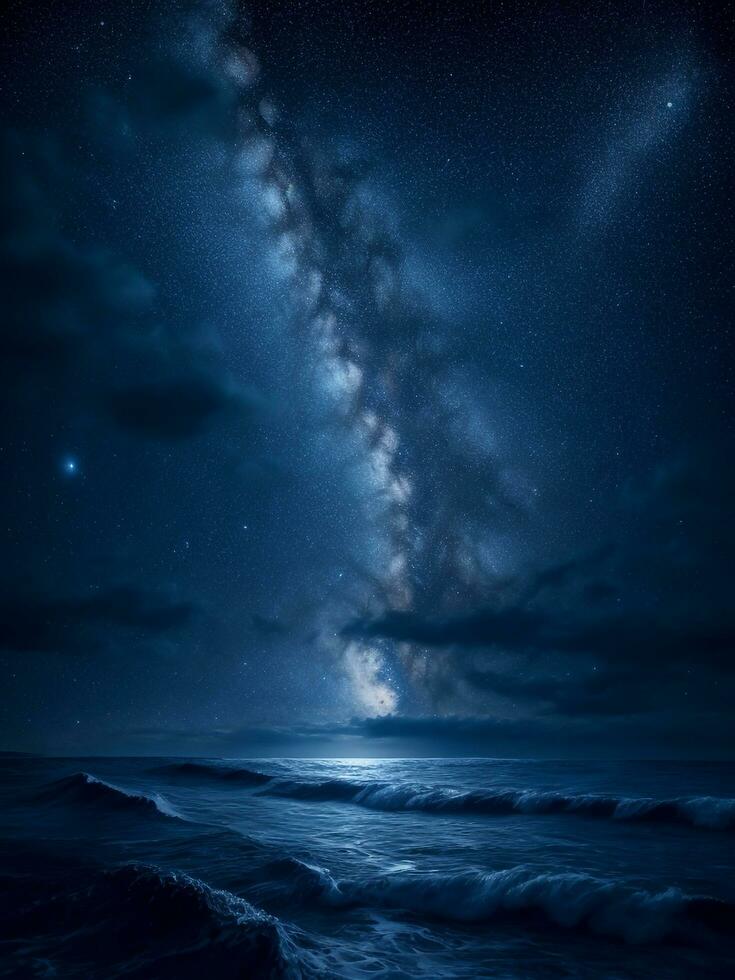still Nacht Seelandschaft mit funkelnd Wasser und reflektierend Mond, ai generativ foto