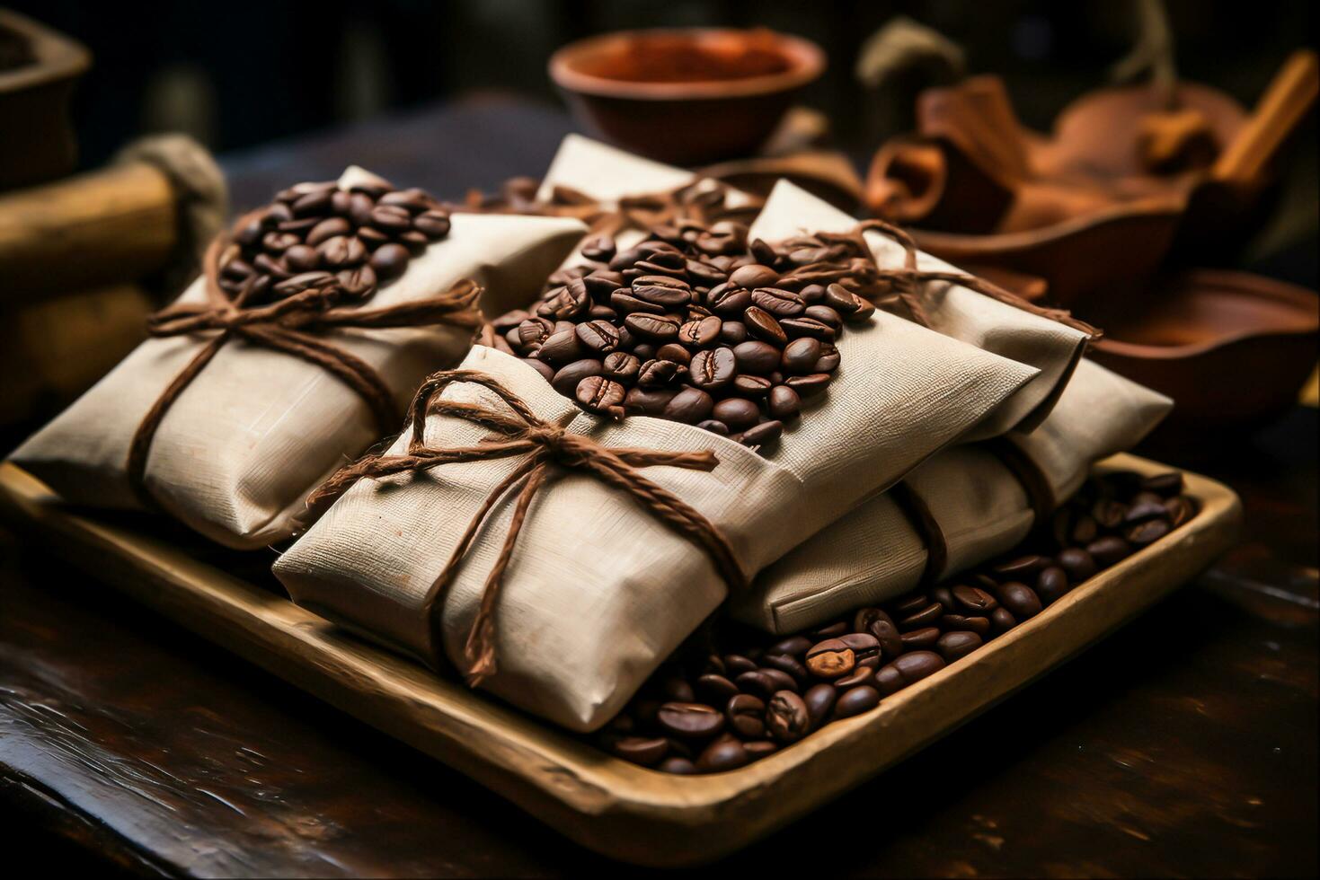 Kaffee Tasche eingewickelt im Kaffee Bohnen, generativ ai foto