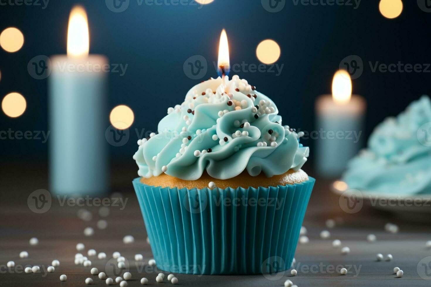 Geburtstag Cupcake mit Blau Kerze, Liebe thematisch Herz Dekoration, und köstlich Glasur ai generiert foto