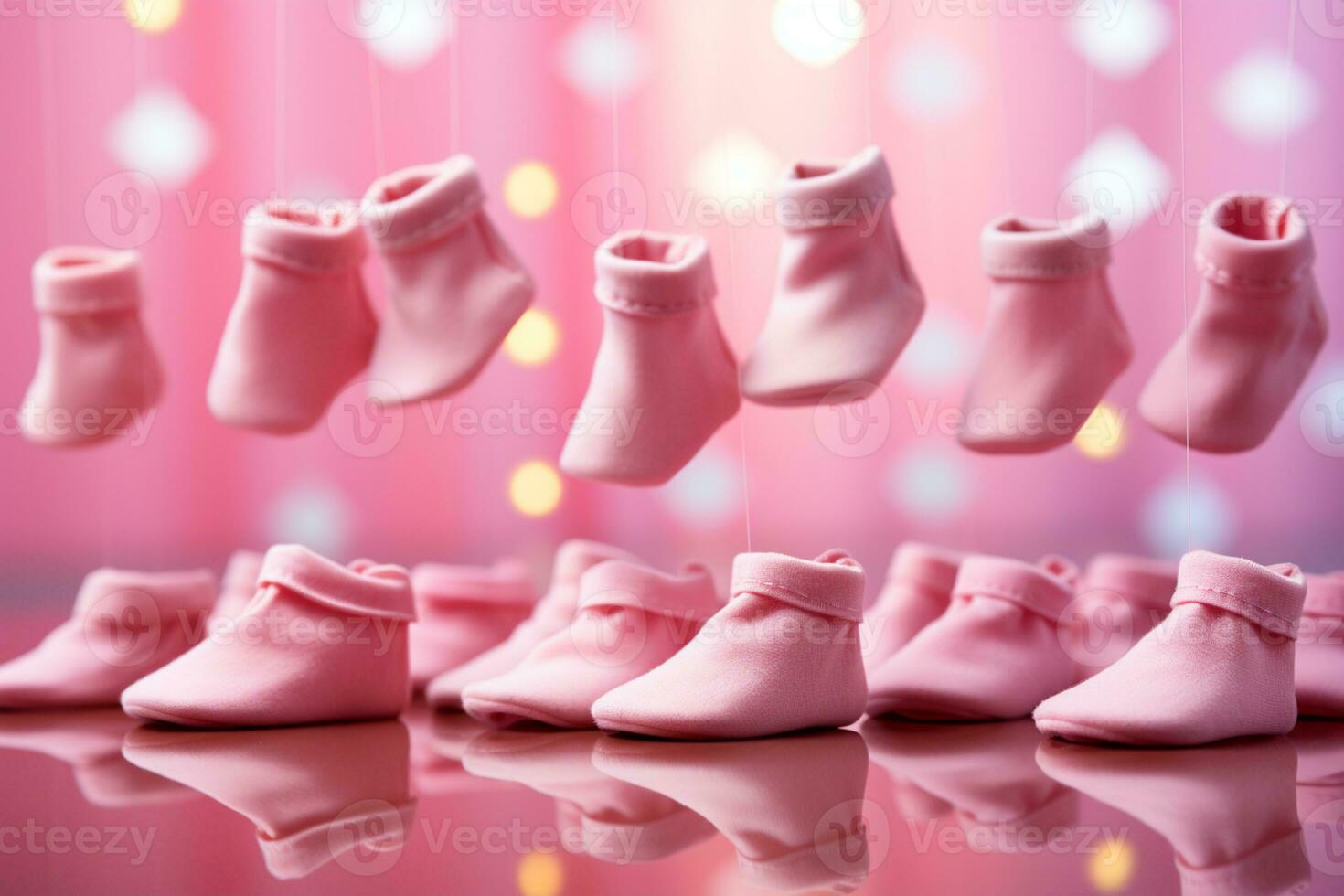 Rosa Hintergrund Gastgeber winzig Socken, bereit zum personalisiert Mitteilungen Ideal zum Baby Feierlichkeiten ai generiert foto