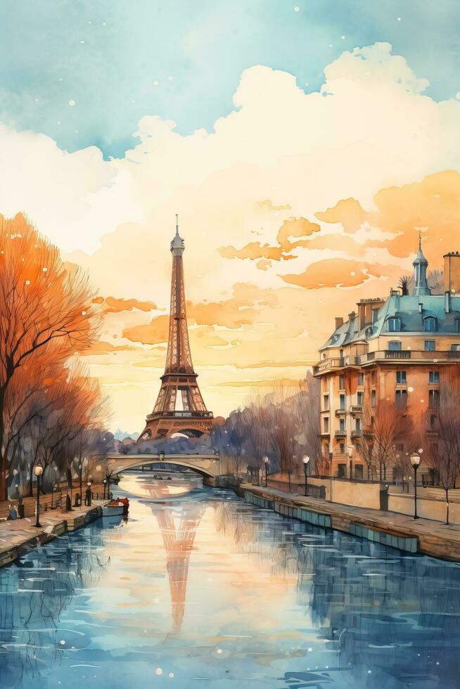 ein malerisch Winter Aquarell Horizont von Paris mit das Eiffel Turm und Seine Fluss gegen ein Sanft Gradient Hintergrund foto