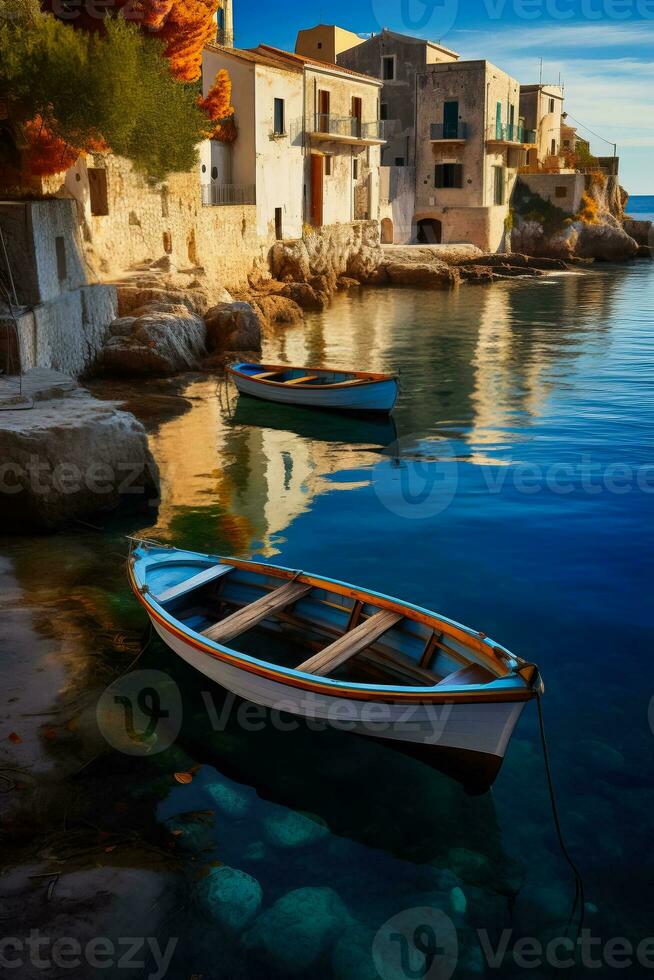 bunt Angeln Boote Linie das malerisch Küste reflektieren das warm Töne von herbstlich Laub im ein charmant Mittelmeer Dorf foto