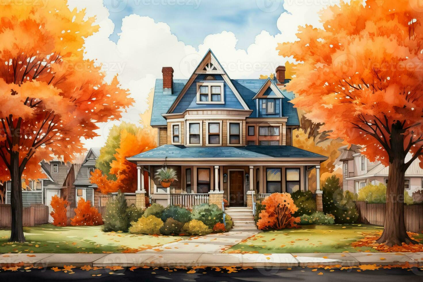 ein beschwingt Aquarell Illustration präsentieren ein gemütlich amerikanisch klein Stadt, Dorf im Herbst mit bunt Blätter und charmant die Architektur foto