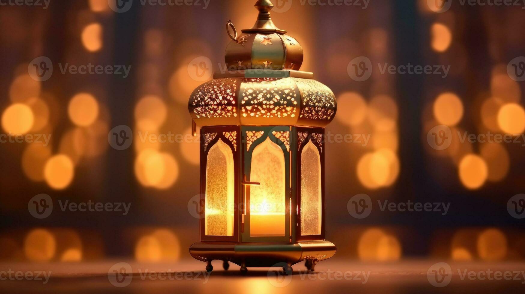 Zier Arabisch Laterne mit Verbrennung Kerze glühend beim Nacht. festlich Gruß Karte, Einladung zum Muslim heilig Monat Ramadan karem. generativ ai foto