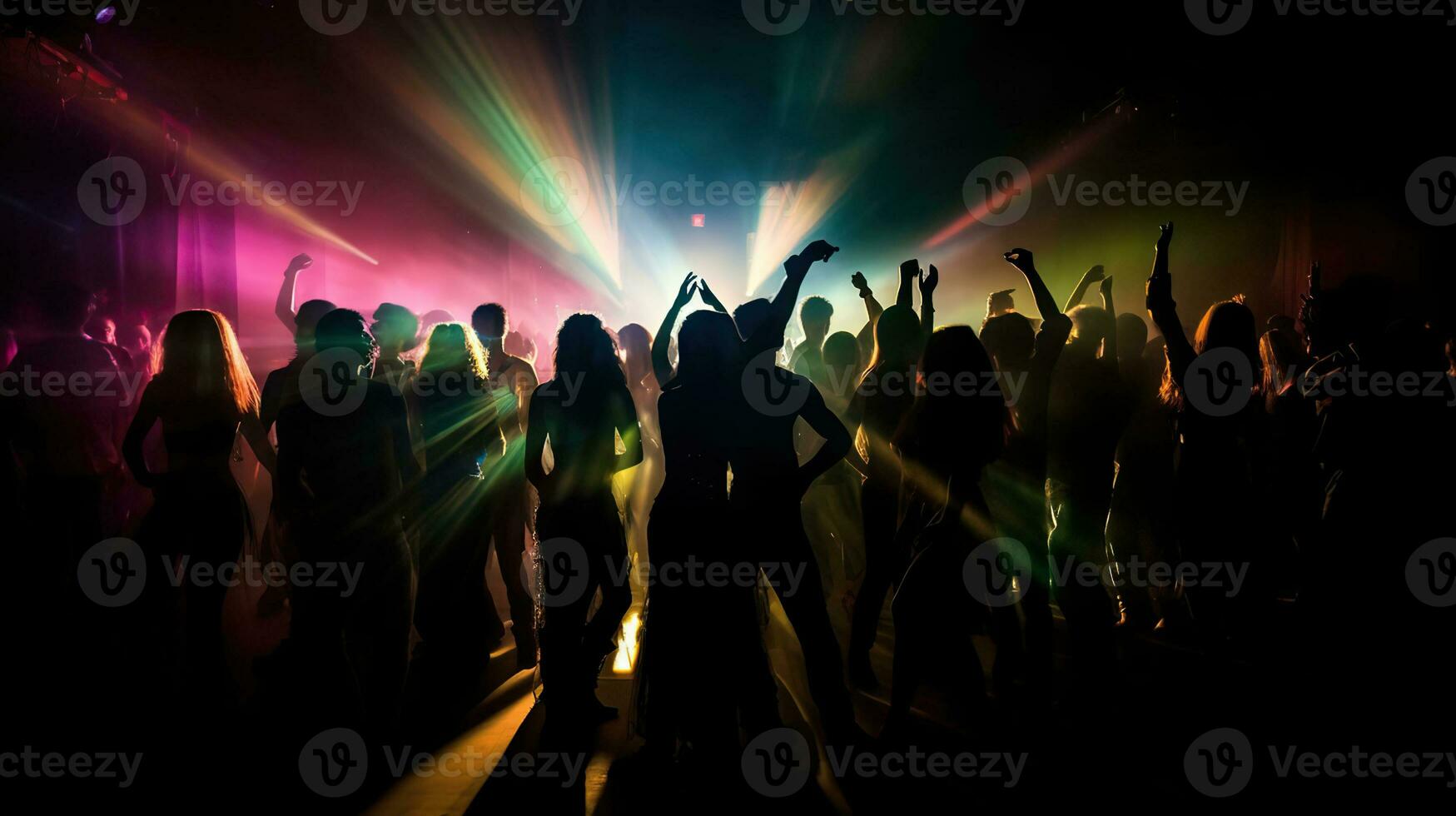 Silhouette von ein Party Menge auf ein Disko Beleuchtung Hintergrund. ai generativ foto