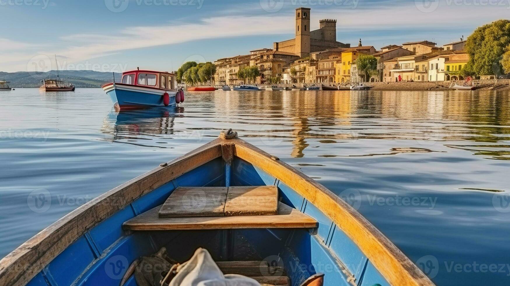 Aussicht durch Boote zu Stadt marta auf See Bolsena im Italien, generativ ai foto