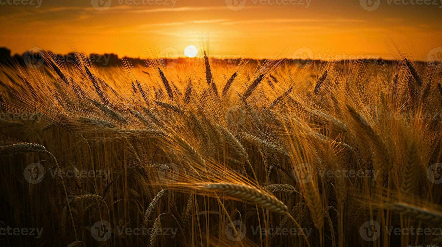schön Sonnenuntergang Weizen golden Feld im das Abend, ai generativ foto