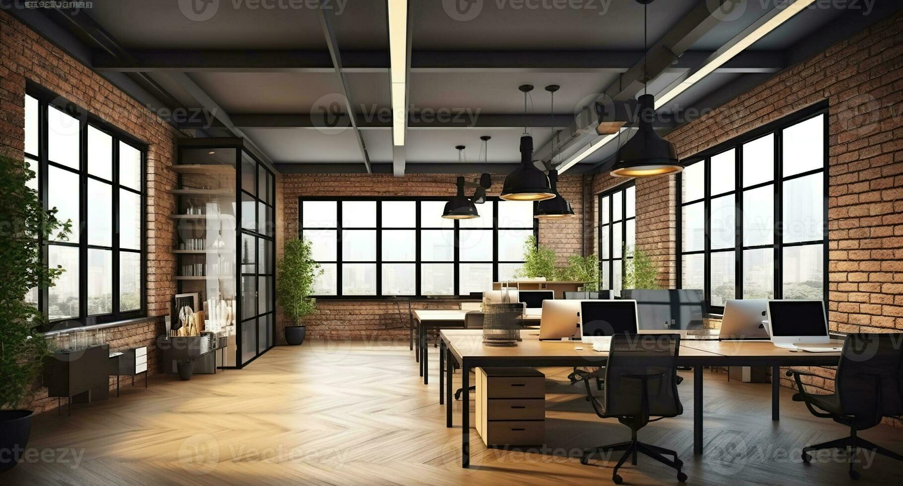 zeitgenössisch und schick, 3d gerendert Loft-Stil Innere Design zum ein modern Büro Raum. generativ ai foto