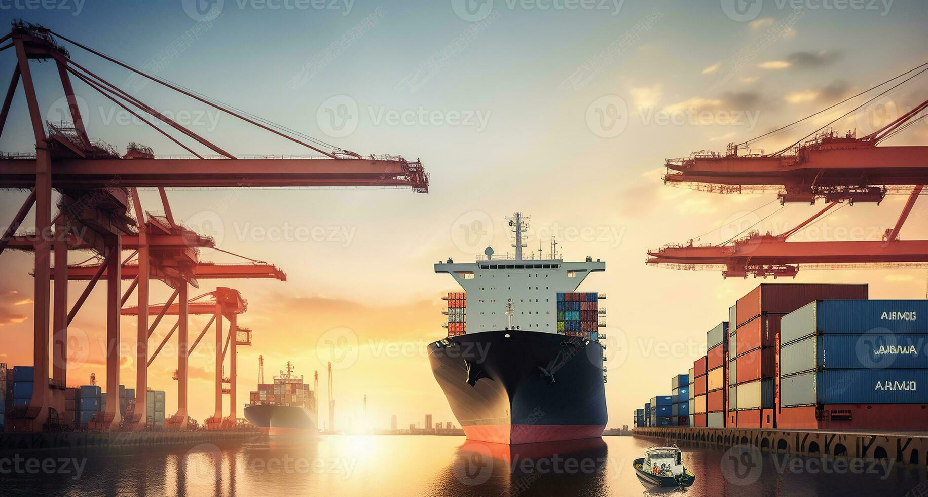Container Ladung Schiff und Ladung Flugzeug Arbeiten Kran Brücke im Werft, logistisch importieren Export und Transport Industrie Hintergrund. generativ ai foto
