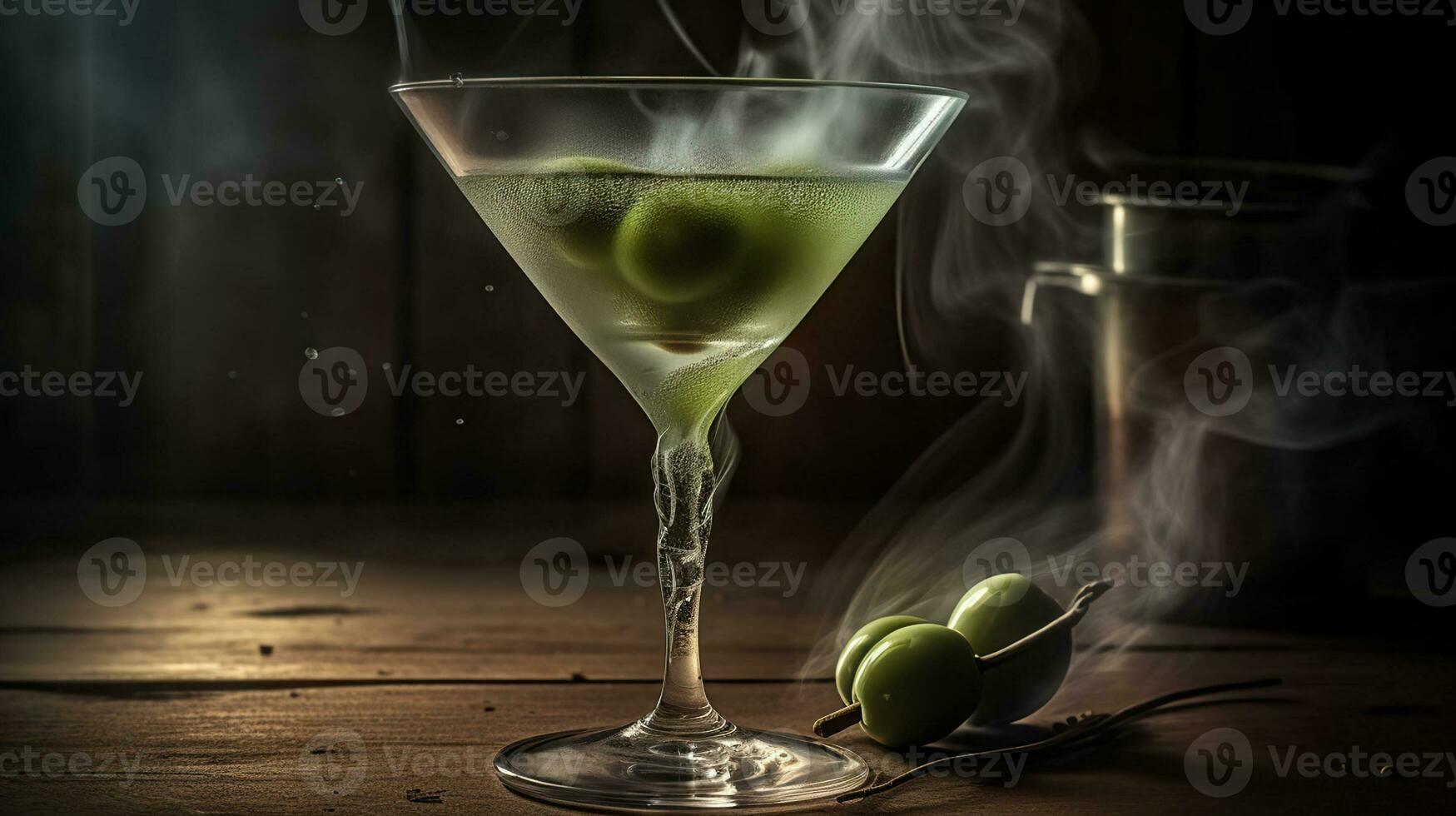 ein Martini Glas ist gefüllt mit klar Wodka und Flüssigkeit Stickstoff, mit klein Grün Olive im Glas, ein sanft Weiß Nebel ist Verlangsamung fließend aus von das Martini Glas in das Luft, generativ ai foto