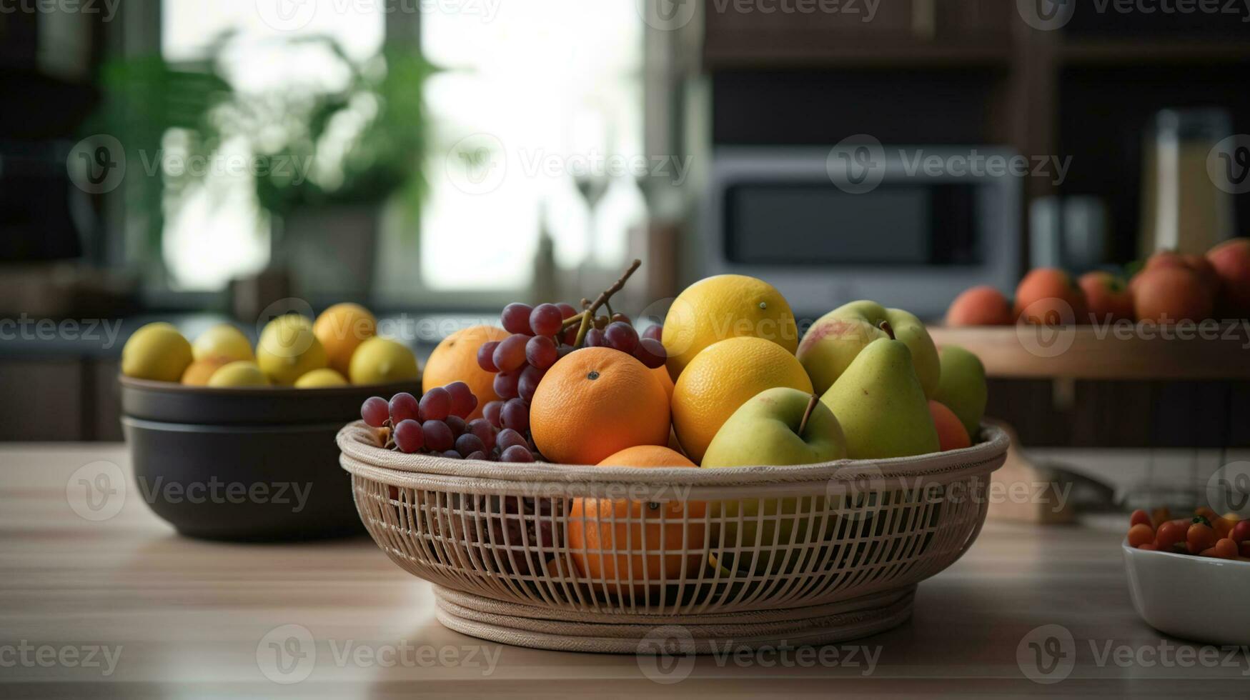 Korb mit frisch Früchte auf hölzern Tabelle im Küche, ai generativ foto