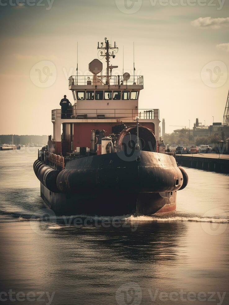 Hafen Terminal Operationen und Handhabung Ausrüstung. Schlepper drücken groß Ladung Schiff zu Liegeplatz beim Hafen Terminal, generativ ai foto