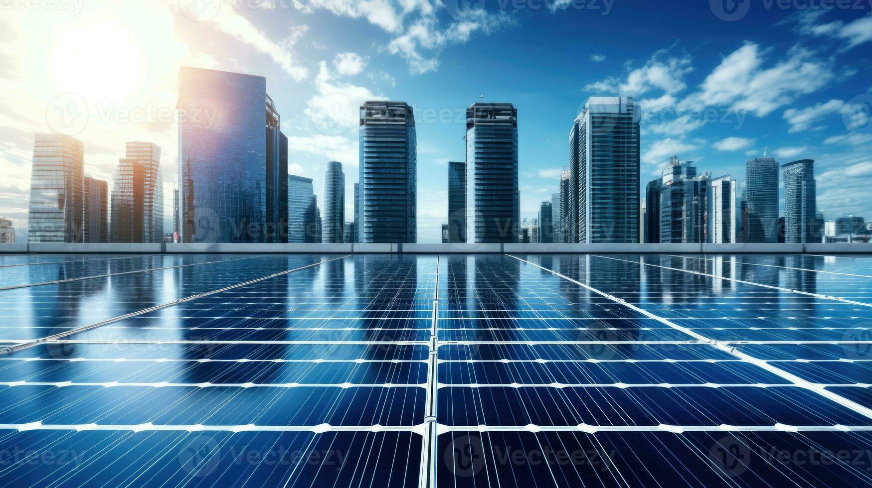 sauber Energie, Solar- Paneele mit ein Stadt Horizont im Hintergrund, präsentieren das Integration von verlängerbar Energie Quellen innerhalb städtisch Umgebungen nachhaltig und Öko freundlich Zukunft. generativ ai foto