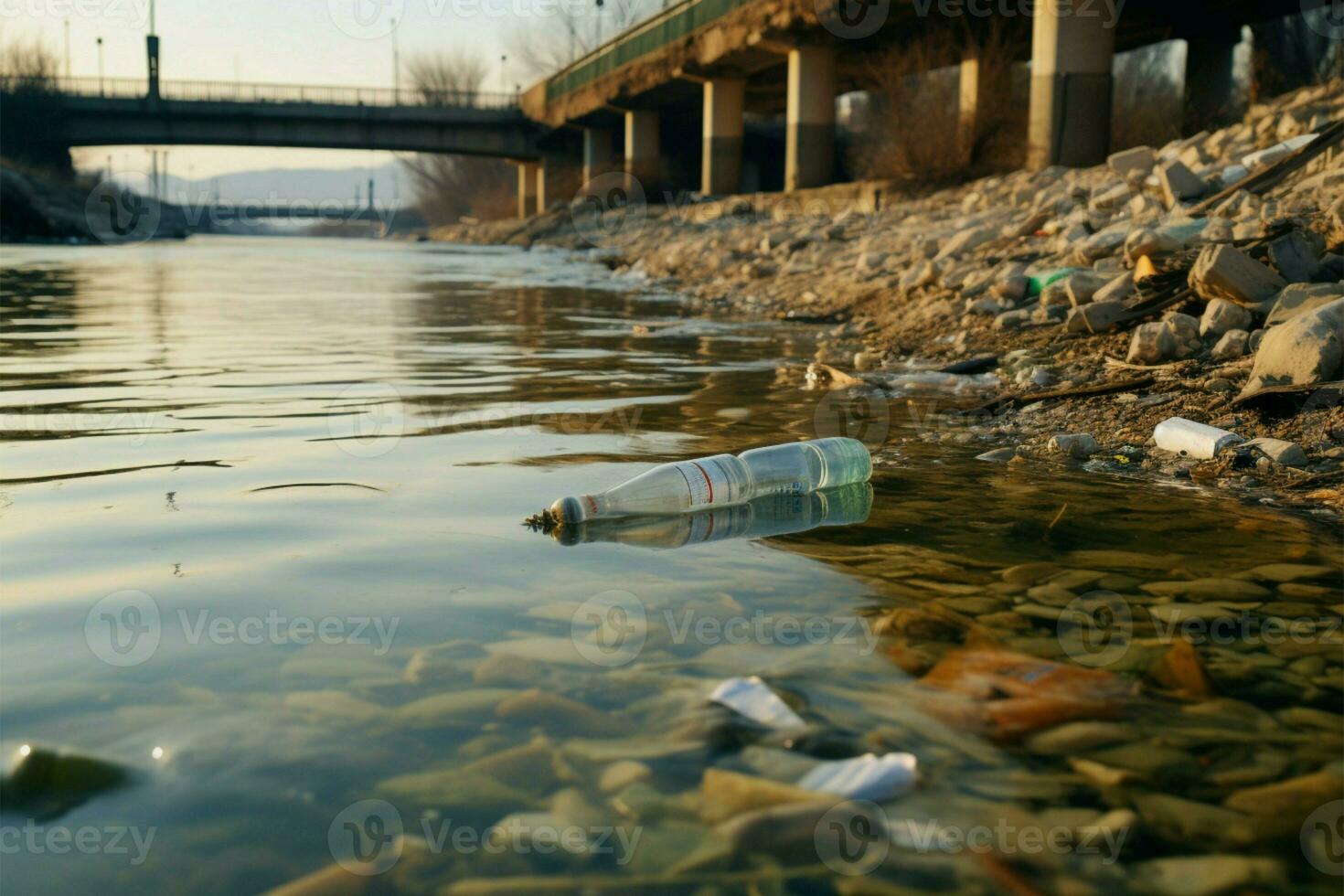 Fluss Verschmutzung, ein Umwelt Ausgabe, Ergebnisse von Müll, Plastik, Essen Abfall ai generiert foto