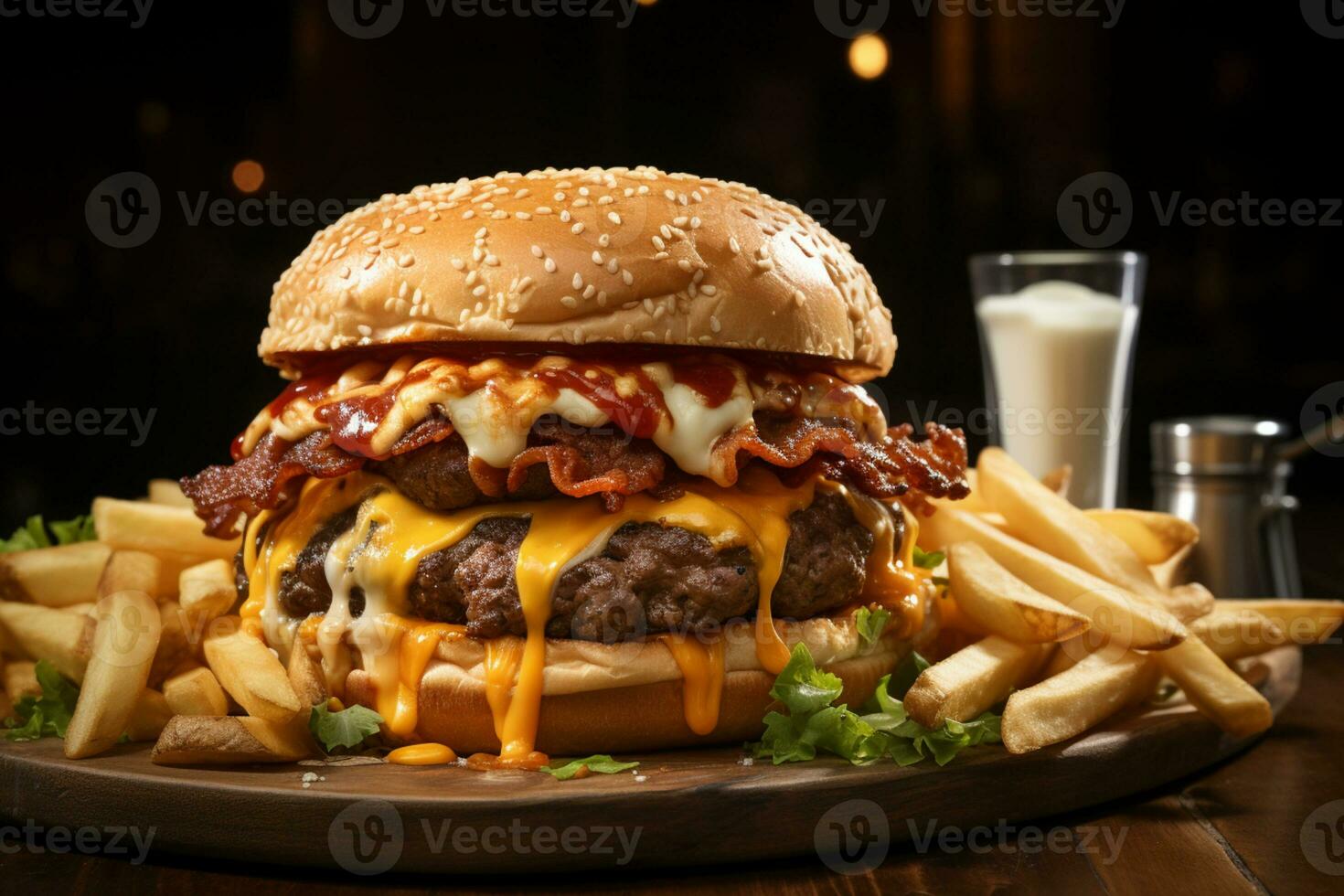 Abendessen Nostalgie klassisch Rindfleisch Burger mit geschmolzen Käse und Fritten ai generiert foto