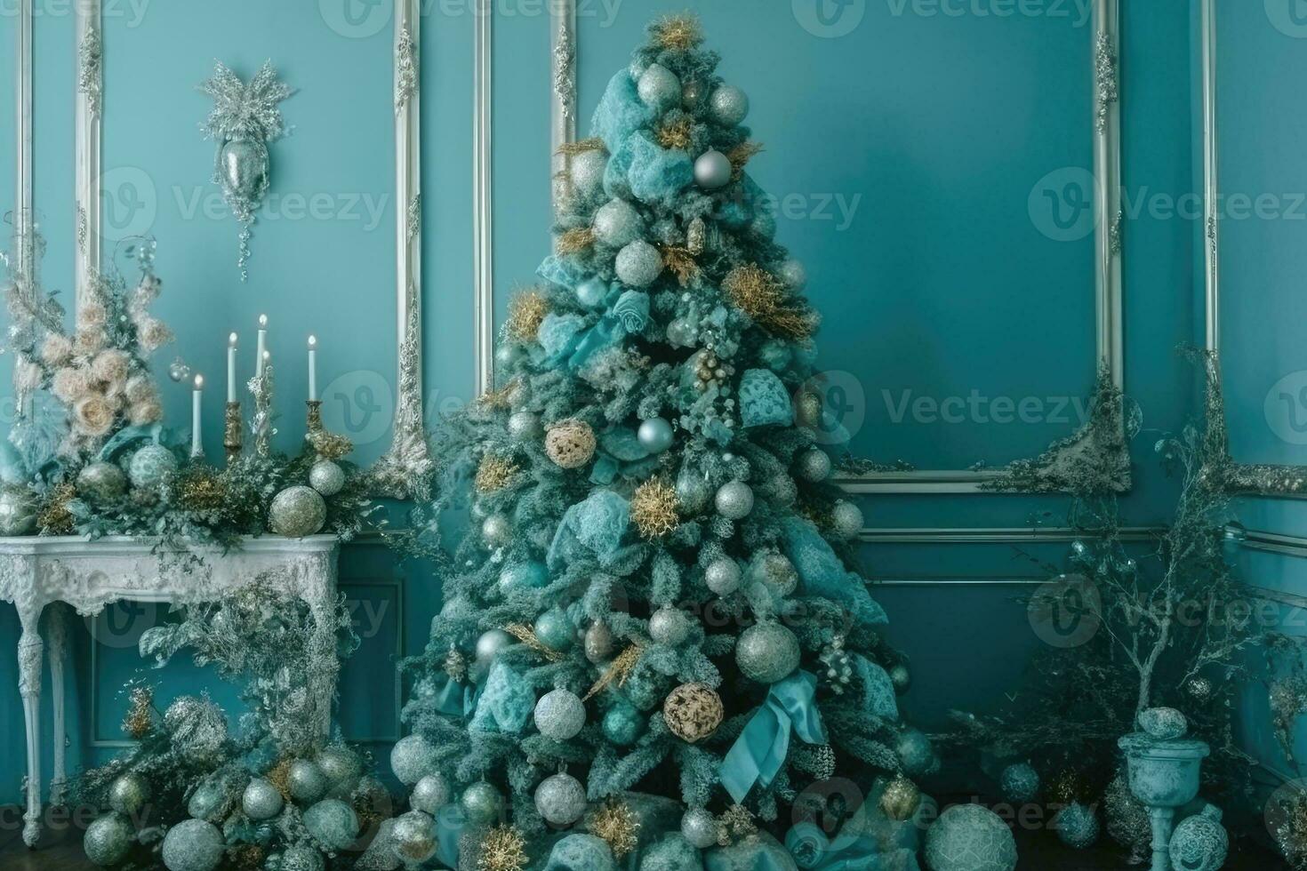 schön dekoriert Weihnachten Baum im ein gemütlich Blau Zimmer foto