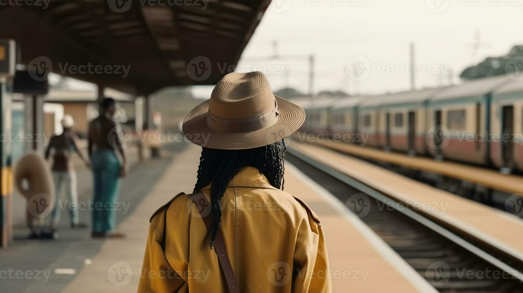 Rückseite Aussicht von ein Gehen afrikanisch Frau auf das Eisenbahn Bahnhof Vor ihr Ausflug zwischen zwei Autobahn Züge warten zum Abfahrt auf das Plattform drinnen von ein Eisenbahn Depot, generativ ai foto