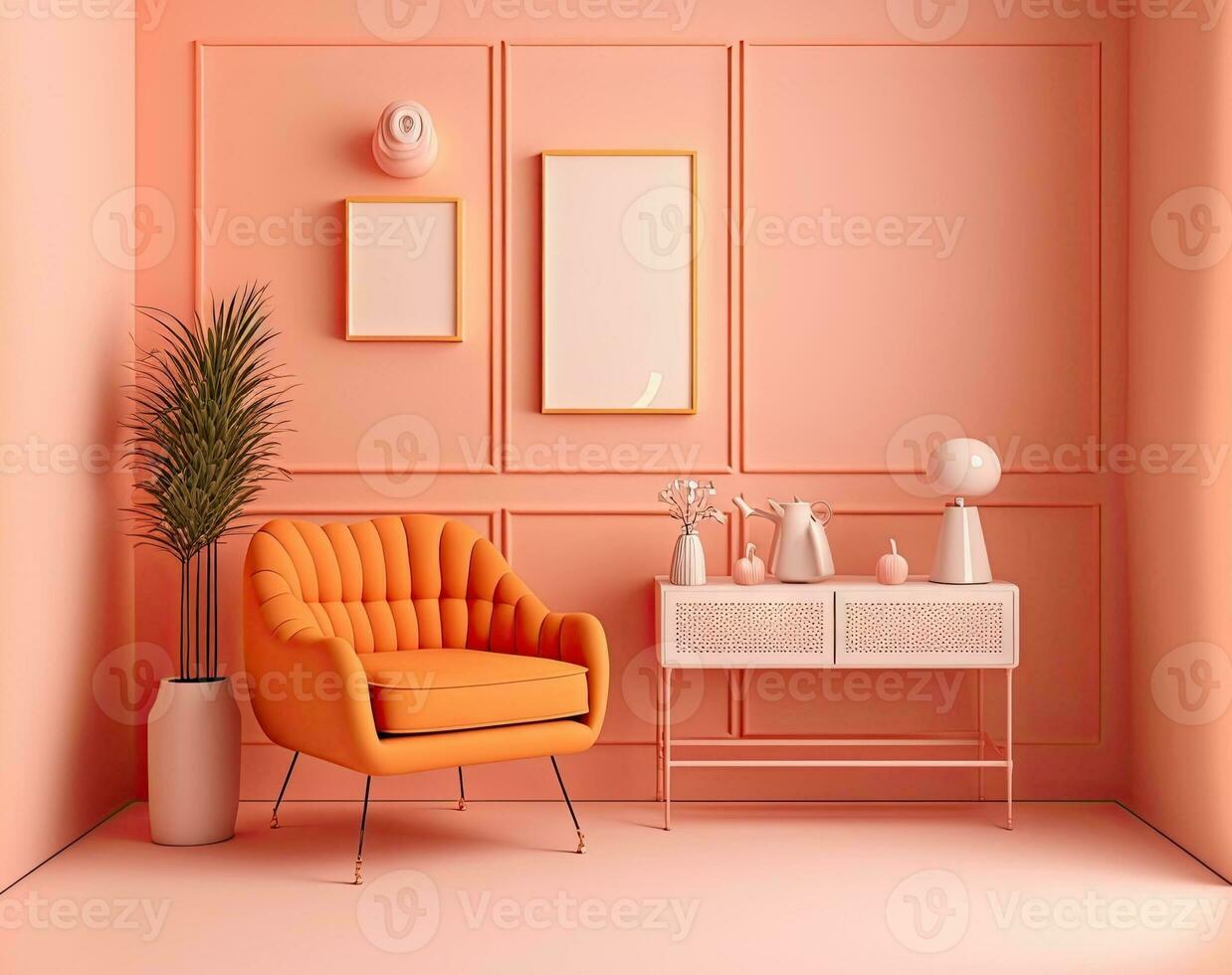 Innere Raum im einfach rosa Orange monochromatisch mit Möbel und Dekor. Kopieren Raum auf ein Licht Hintergrund. Kulissen zum Präsentationen, Webseiten, oder Bild Frames foto