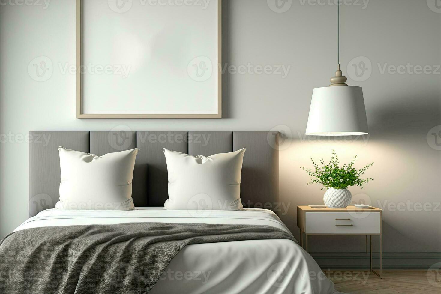 Schlafzimmer mit ein leer horizontal Rahmen Attrappe, Lehrmodell, Simulation, ein grau Bett, ein Tabelle mit ein Blume Vase und ein Decke Lampe. 3d Illustration, Innere Design, foto