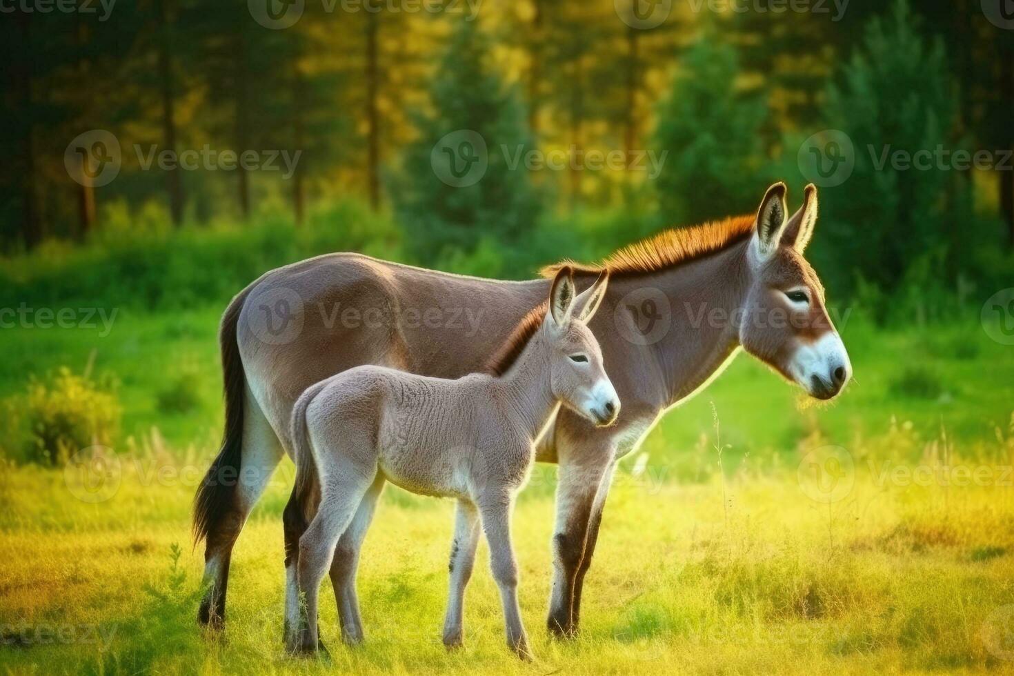 jung Fohlen Stehen neben es ist Mutter Pferd im ein Grün Weide foto