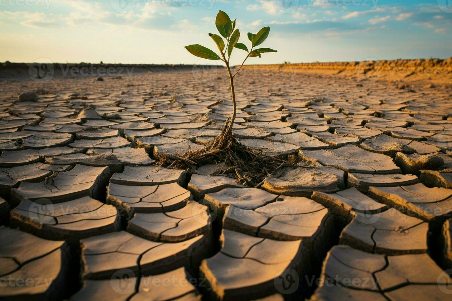 überleben das Trockenheit, ein Baum steht belastbar auf geknackt Boden ai generiert foto