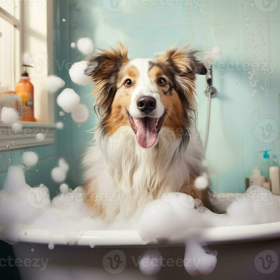 das Hund ist Waschen im das Badezimmer. Hygiene von ein Haustier. nehmen Pflege von ein Haustier. foto