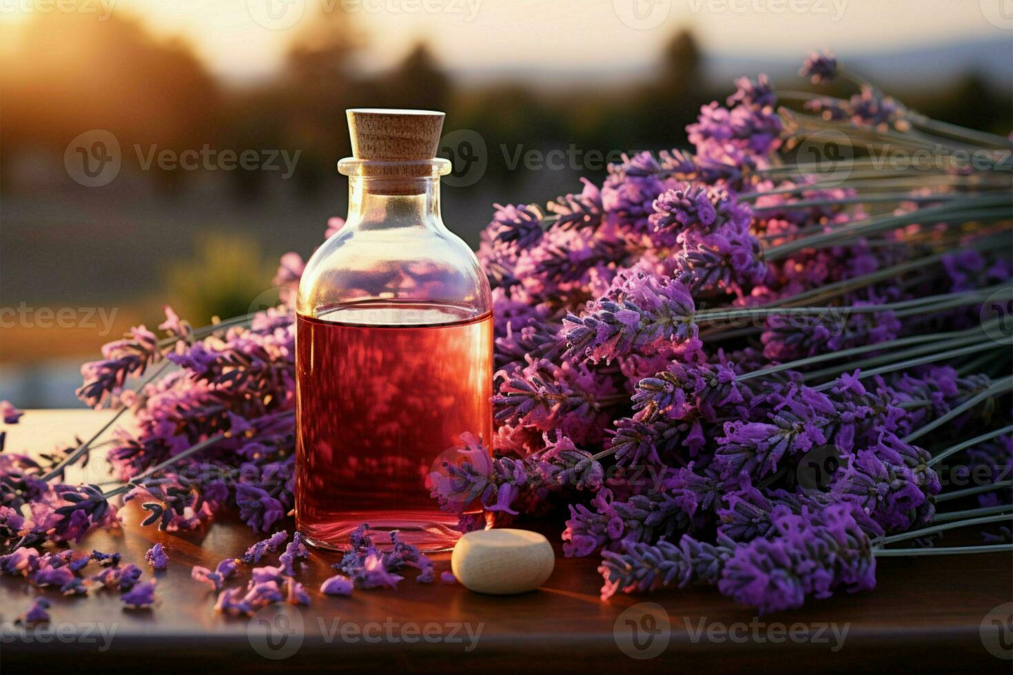 aromatisch und heiter Lavendel Panorama mit wesentlich Öl Flakons, rein Glückseligkeit ai generiert foto