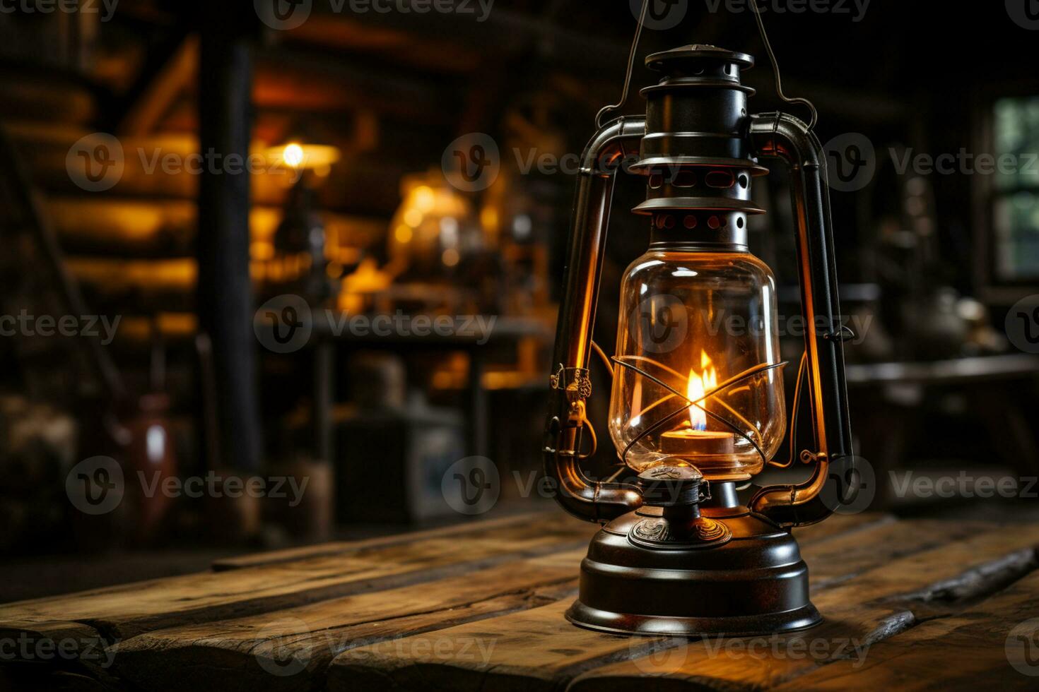 glühend Öl Lampe im sonnendurchflutet rustikal Scheune in der Nähe von Fenster ai generiert foto