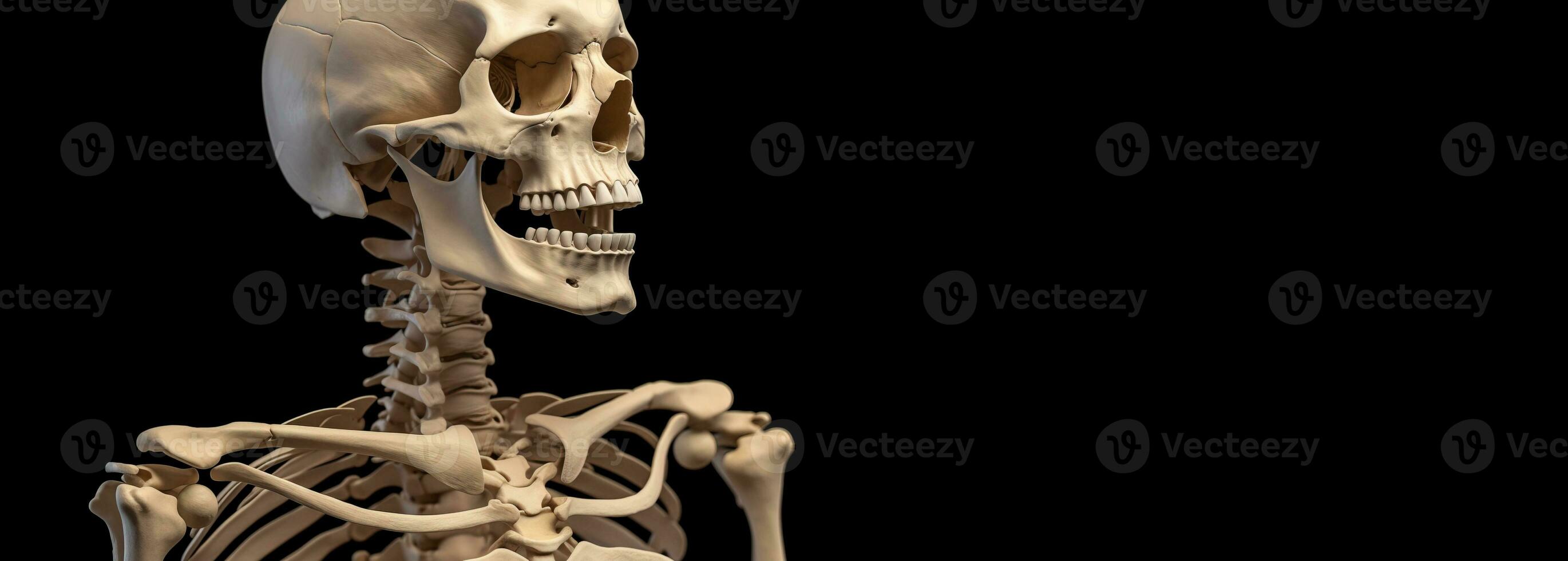 Mensch Skelett, schwarz Hintergrund isolieren. wissenschaftlich Körper Anatomie, medizinisch Ausstellungsstück. ai generiert. foto