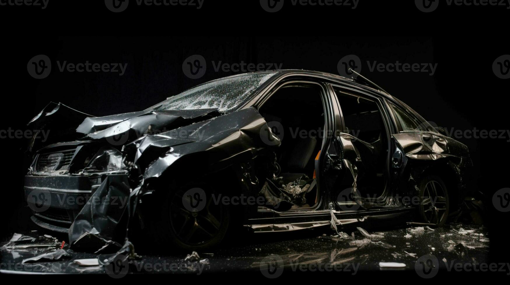 Auto Unfall, gebrochen beschädigt Körper Metall. Leben Versicherung, Technologie. schwarz Auto schwarz Hintergrund. ai generiert. foto
