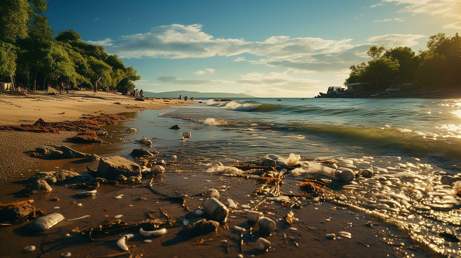 fotorealistisch von schmutzig Strand beim Nachmittag mit damit viel Müll ai generiert foto