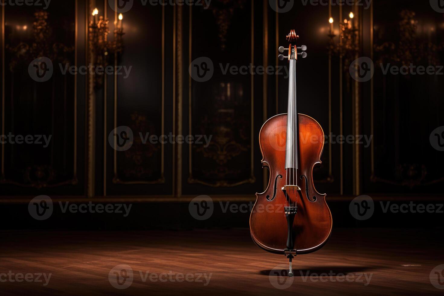 Cello Stehen aufrecht, präsentieren das Eleganz und Handwerkskunst von ein klassisch Zeichenfolge Instrument ai generativ foto