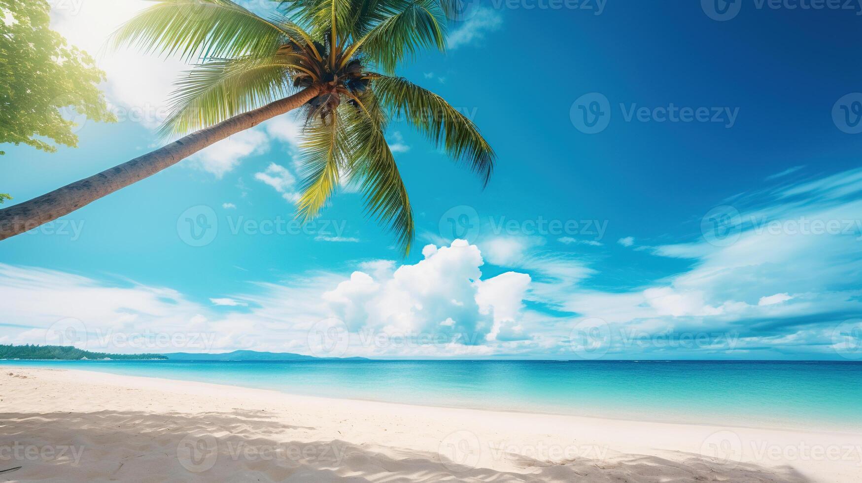 tropisch Sommer- Strand Sand und schön Himmel mit Kokosnuss Palme Baum Hintergrund ai generativ foto