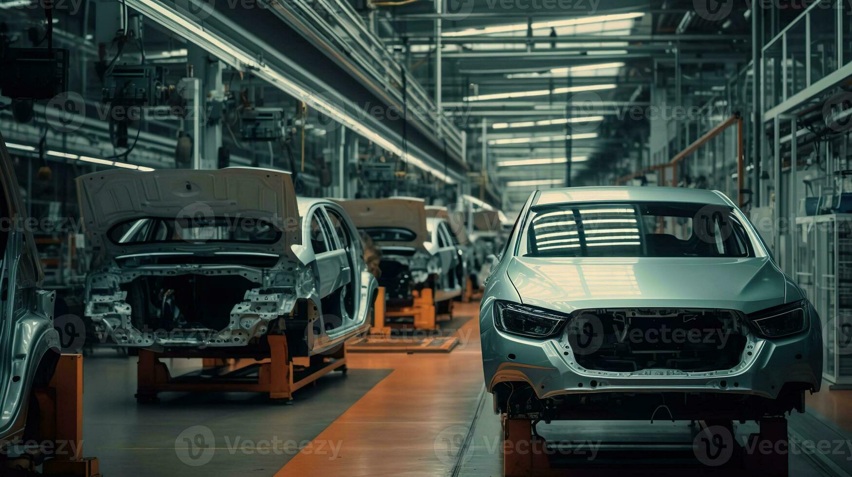 innovativ Technologie und erfahren Arbeit, das Herstellung von ein Auto im ein Produktion Fabrik. generativ ai foto