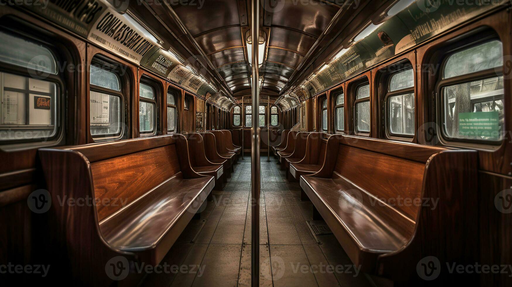 ein U-Bahn Auto mit hölzern Bänke, ai generativ foto