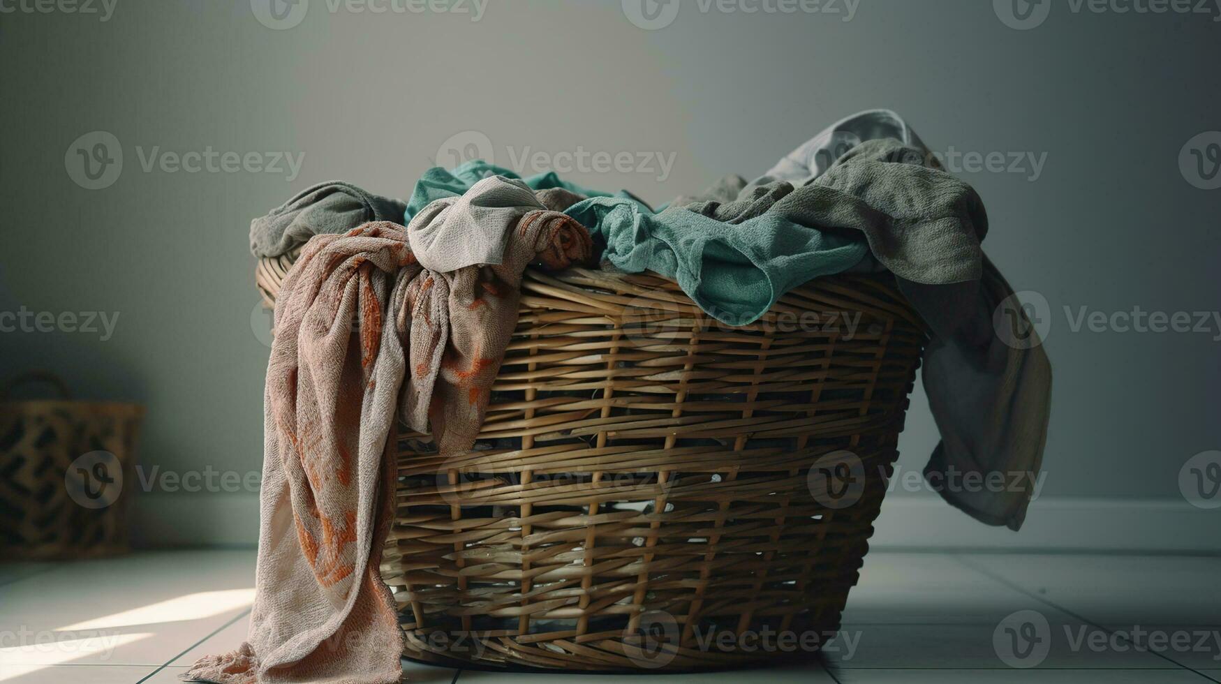 Korb mit schmutzig Wäsche auf Boden, ai generativ foto