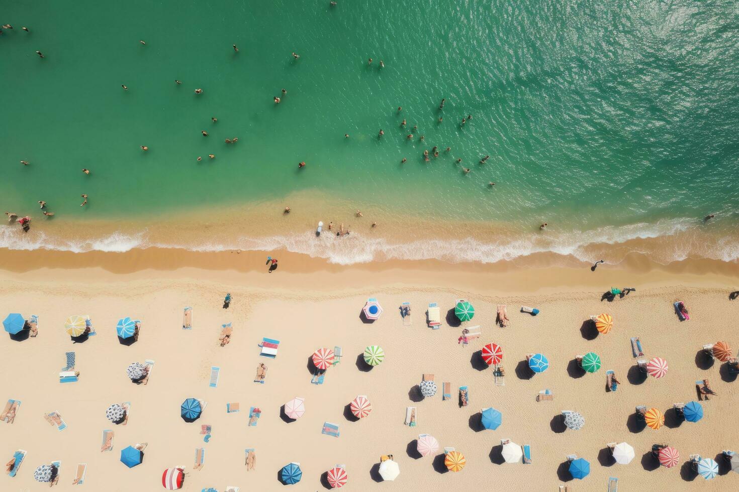 Antenne Aussicht von Menschen Sonnenbaden auf das Strand im Sommer, Antenne Aussicht von Menschen Sonnenbaden auf das Strand im Sommer, ai generiert foto