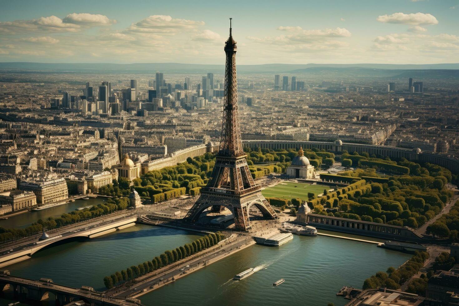 Eiffel Turm im Paris, Frankreich. schön Panorama- Sicht. Antenne Aussicht von das Eiffel Turm, ai generiert foto