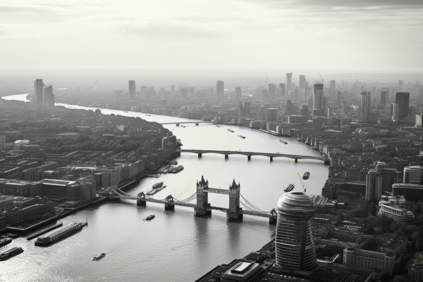 Antenne Aussicht von London Horizont mit Turm Brücke und Wolkenkratzer. Antenne Aussicht von London und das Fluss Themse, ai generiert foto