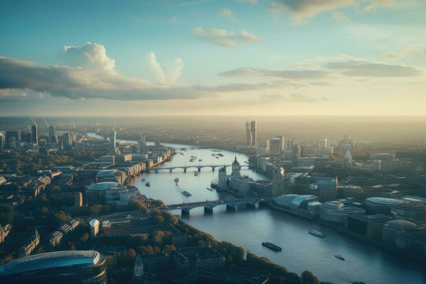Antenne Aussicht von London Horizont beim Sonnenuntergang mit Wolkenkratzer und Brücken. Antenne Aussicht von London und das Fluss Themse, ai generiert foto