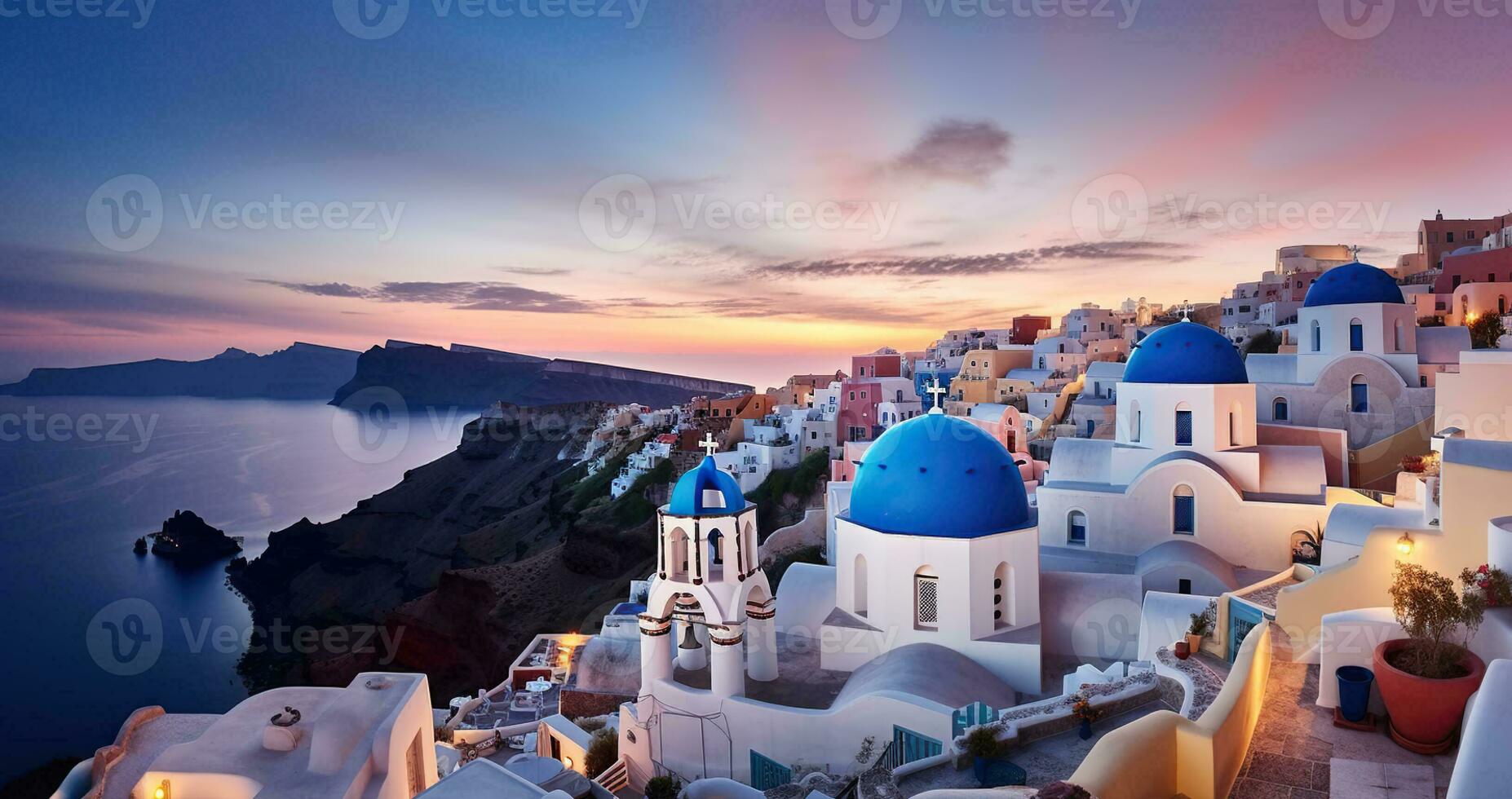 während Dämmerung ohne Personen. schön Aussicht das Blau gewölbt Kirchen im das Dorf von oia, Santorin, generativ ai foto