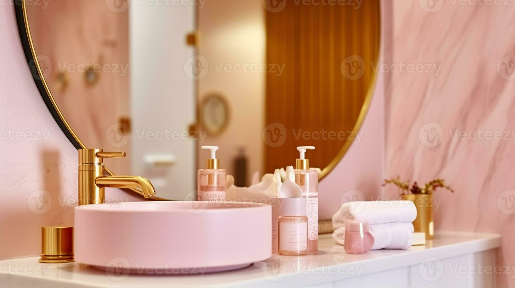 Innere von Badezimmer mit Handtuch in der Nähe von Rosa Spender mit Toilettenartikel in der Nähe von runden waschen Becken mit golden Wasserhahn, generativ ai foto