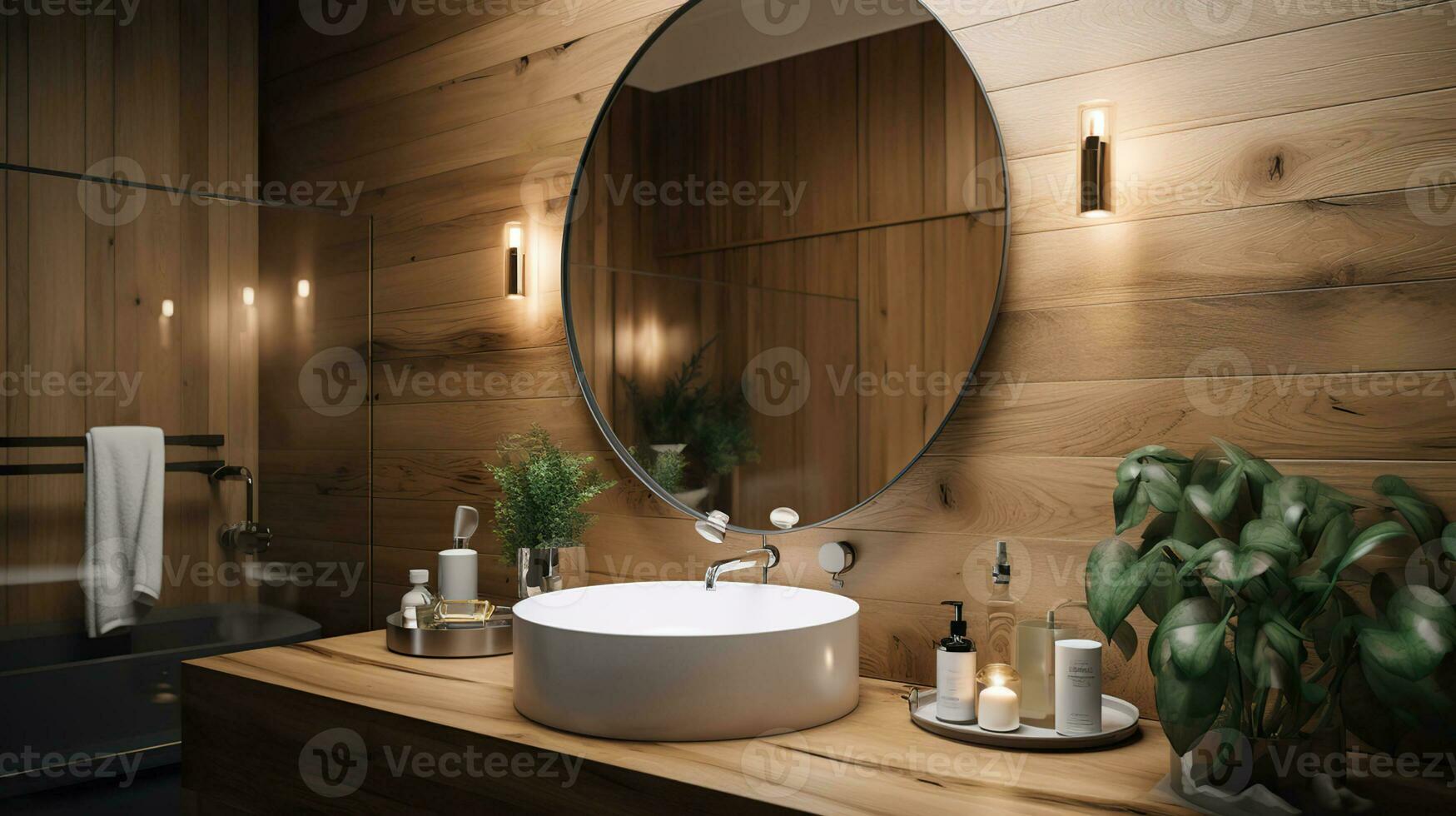 elegant Design Badezimmer mit hölzern Wände, Weiß Becken und runden Spiegel. generativ ai foto