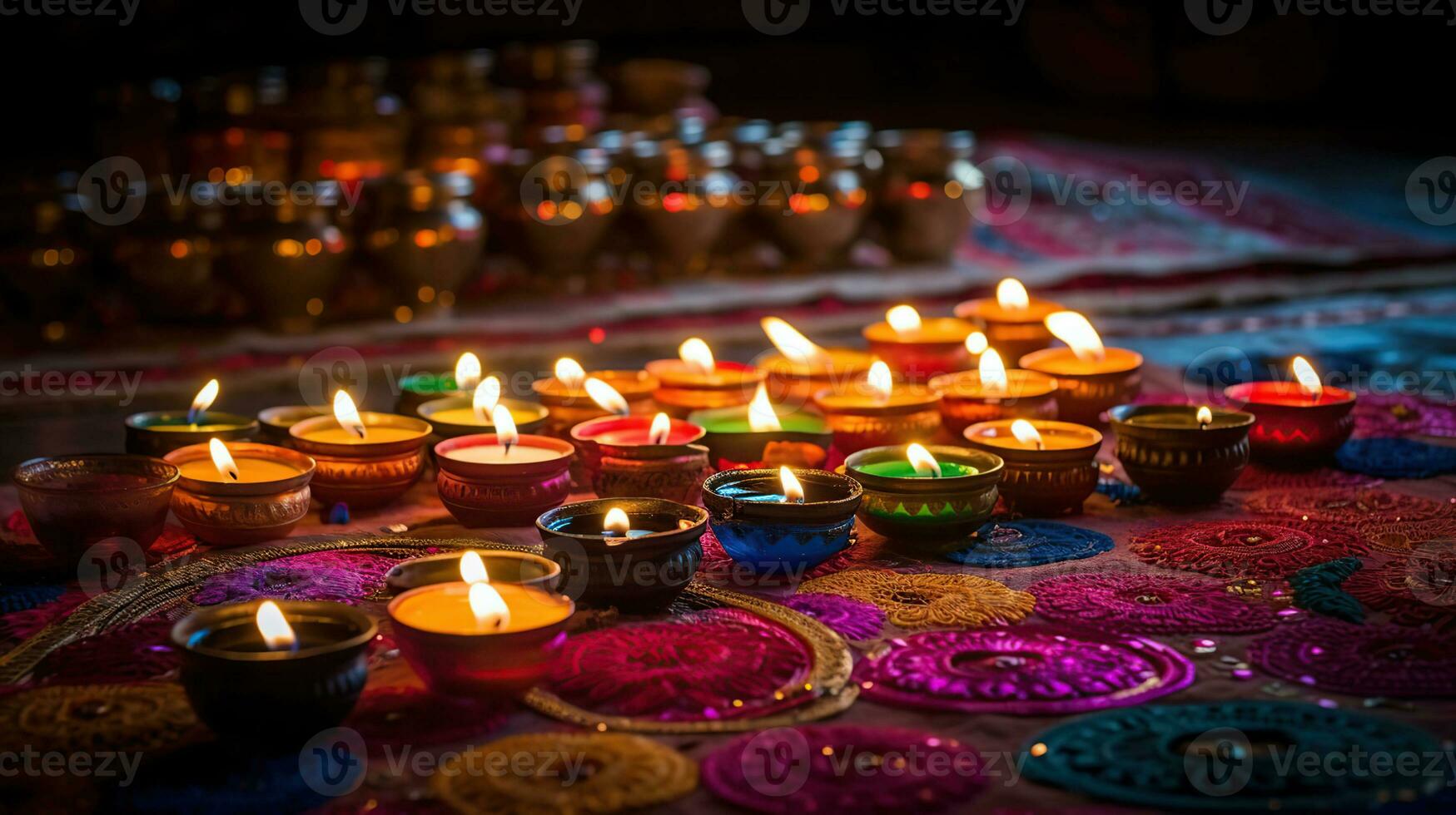 Öl Lampen zündete auf bunt Rangoli während Diwali Feier, generativ ein foto