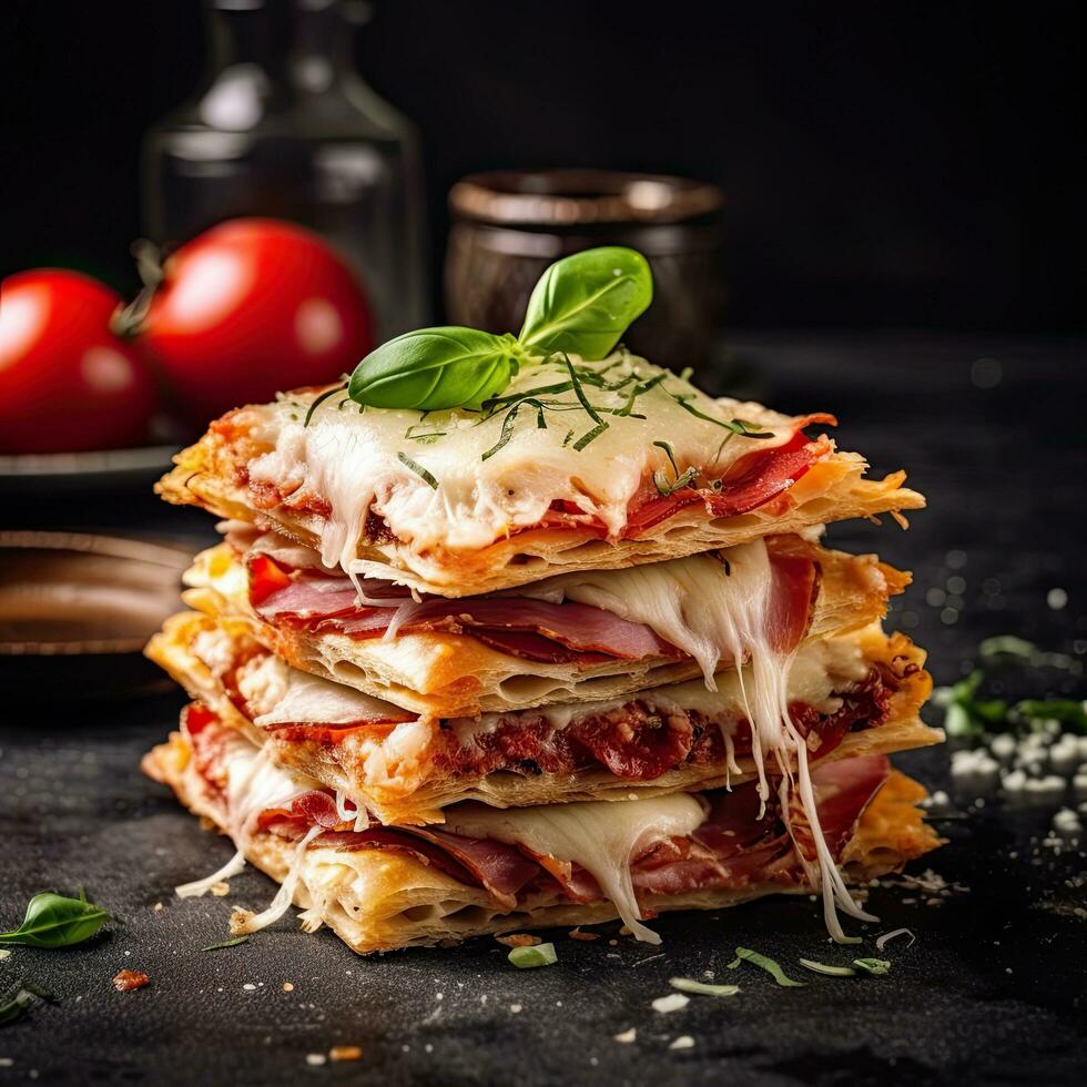 Pizza Napoleon ,Italienisch Essen auf ein dunkel rustikal Hintergrund, generativ ai. foto