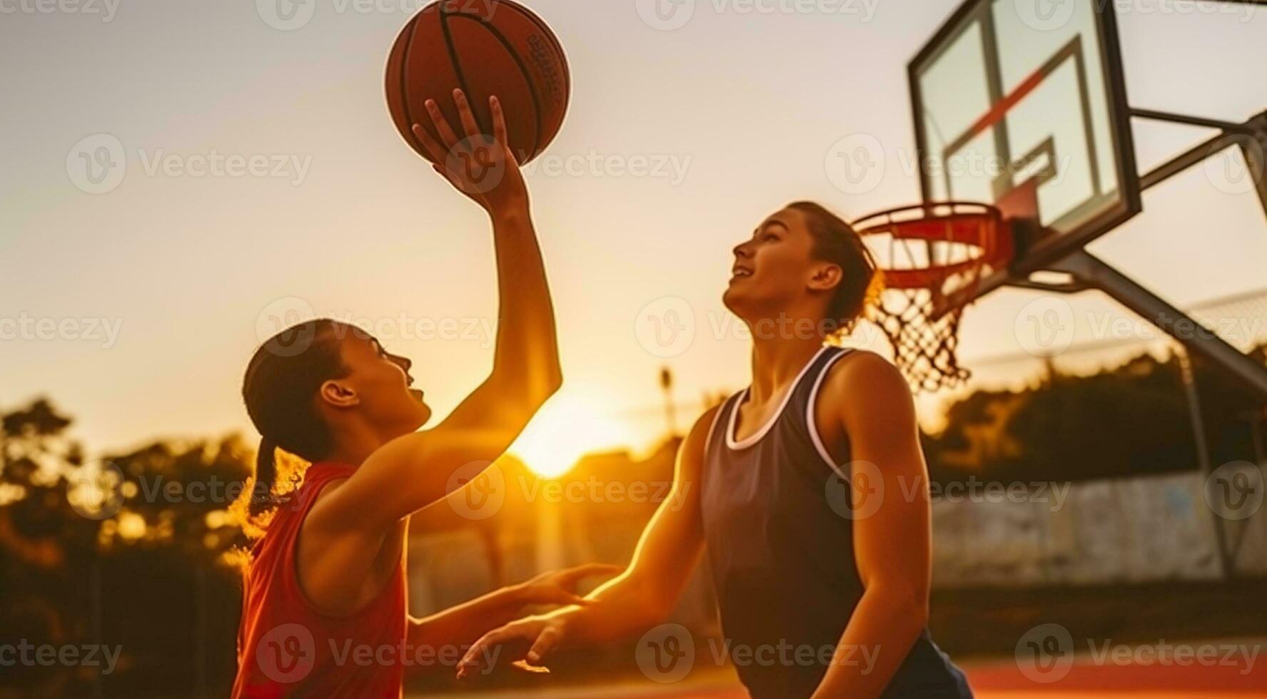 zwei jung freunde Umarmung das Spiel auf ein draussen Basketball Gericht. generativ ai foto