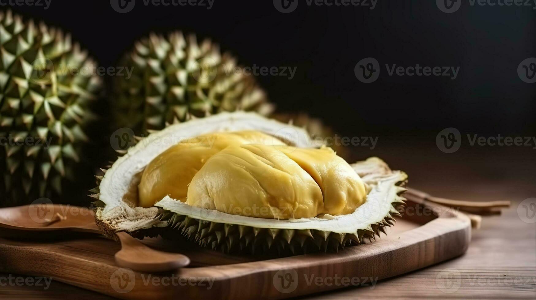 Durian Obst auf hölzern Hintergrund, Durian das König von Früchte, generativ ai foto
