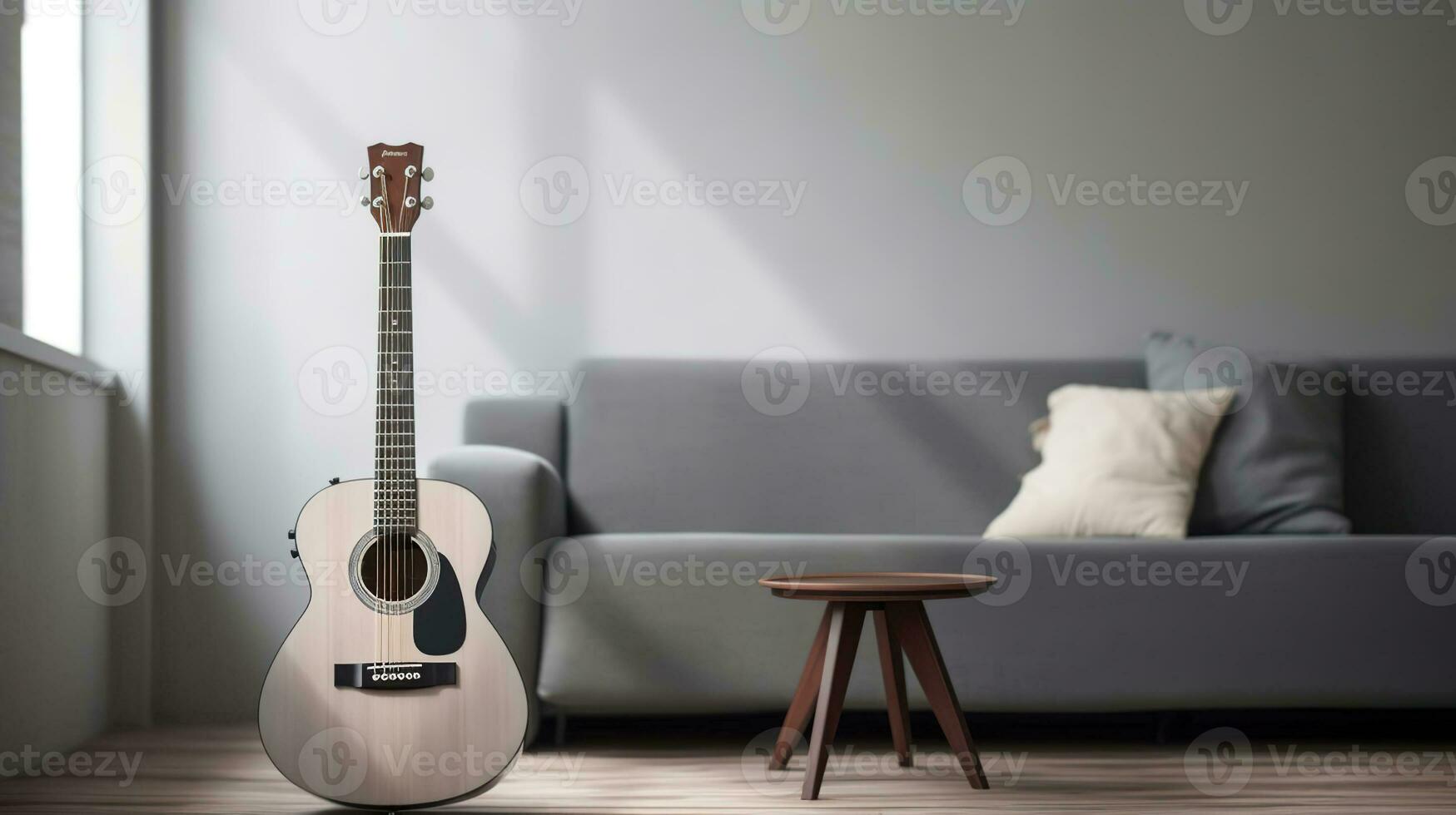 minimalistisch Innere Design Konzept. akustisch Gitarre auf grau Textil- Sofa im geräumig Zimmer von Dachgeschoss Stil Wohnung mit Holz texturiert laminiert Bodenbelag. schließen hoch. ai generativ foto