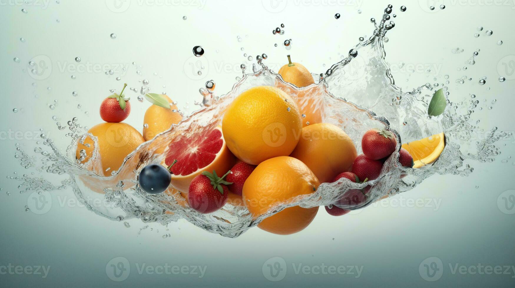 planschen Obst auf Wasser. frisch Obst und Gemüse Sein Schuss wie Sie untergetaucht unter Wasser. Illustration von Waschen Früchte, generativ ai foto